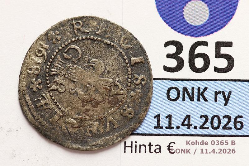 k-0365-b.jpg - Kohde 365 (kuva 2/2), l�ht�hinta: 25 &euro; / ei tarjouksia 1 �r 1618 SM#71/KM#71.1 Ag, Kustaa II Adolf, typ II, kunto: 2/3