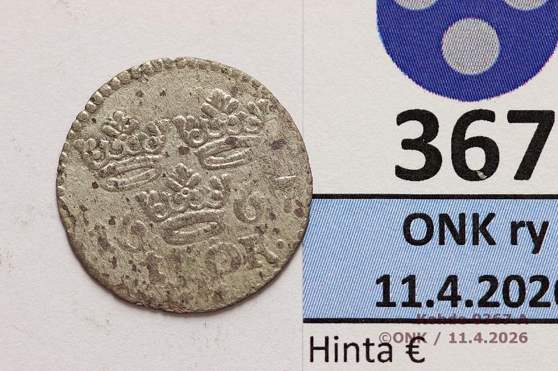 k-0367-a.jpg - Kohde 367 (kuva 1/2), l�ht�hinta: 20 &euro; / ei tarjouksia 1 �r 1667 SM#224/KM#250 Ag, Kaarle XI, puhd, kunto: 2/3