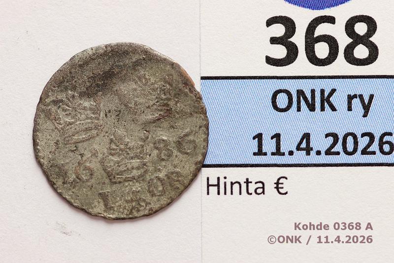 k-0368-a.jpg - Kohde 368 (kuva 1/2), l�ht�hinta: 10 &euro; / ei tarjouksia 1 �r 1686 SM#239/KM#250a Ag, Kaarle XI, kunto: 2