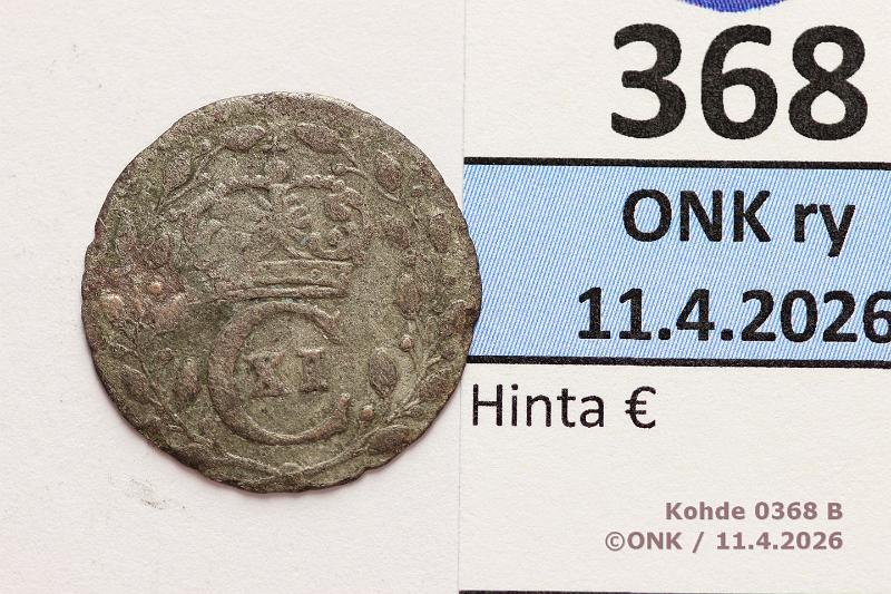 k-0368-b.jpg - Kohde 368 (kuva 2/2), l�ht�hinta: 10 &euro; / ei tarjouksia 1 �r 1686 SM#239/KM#250a Ag, Kaarle XI, kunto: 2