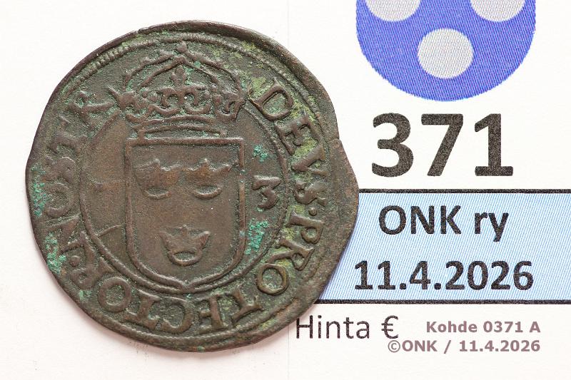 k-0371-a.jpg - Kohde 371 (kuva 1/2), l�ht�hinta: 20 &euro; / ei tarjouksia 2 �re 1573 SM#65c Ag, Juhana III, typ III, kunto: 3/4