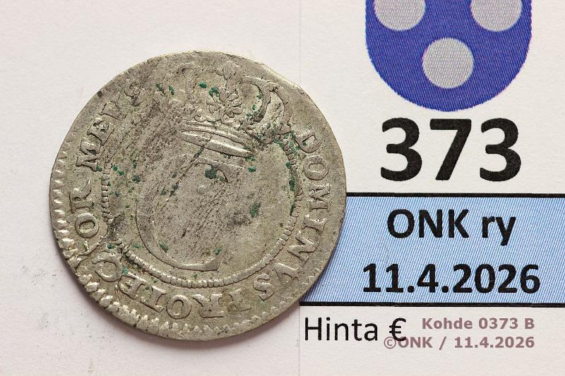 k-0373-b.jpg - Kohde 373 (kuva 2/2), l�ht�hinta: 10 &euro; / myyntihinta: 10 &euro; 4 �re 1676 SM#199 Ag, Kaarle XI, typ VI, kunto: 2/3