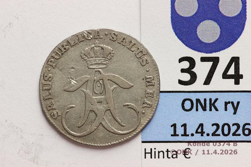 k-0374-b.jpg - Kohde 374 (kuva 2/2), l�ht�hinta: 40 &euro; / myyntihinta: 83 &euro; 4 �re 1771 SM#80/KM#506 Ag, Adolf Frederik, kunto: 5/4