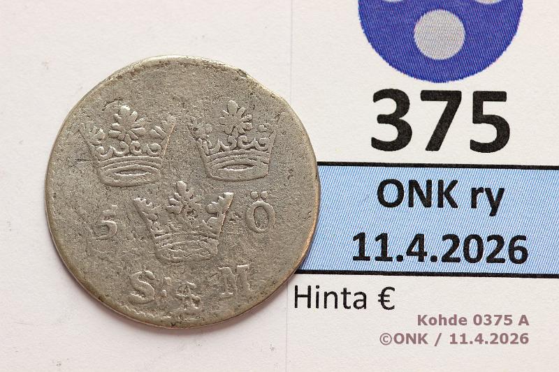 k-0375-a.jpg - Kohde 375 (kuva 1/2), l�ht�hinta: 15 &euro; / ei tarjouksia 5 �re 1694 SM#187, KM#310 Ag, Kaarle XI, puhd, kunto: 3/4