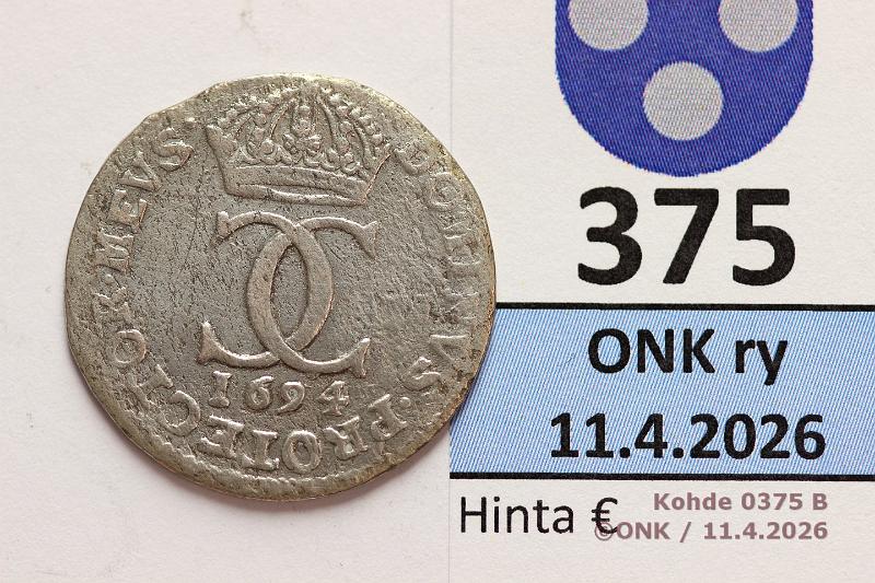 k-0375-b.jpg - Kohde 375 (kuva 2/2), l�ht�hinta: 15 &euro; / ei tarjouksia 5 �re 1694 SM#187, KM#310 Ag, Kaarle XI, puhd, kunto: 3/4