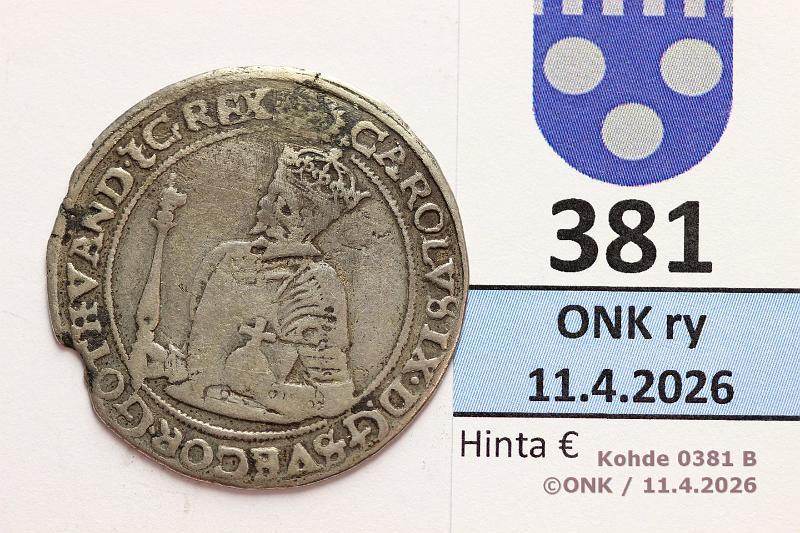 k-0381-b.jpg - Kohde 381 (kuva 2/2), l�ht�hinta: 75 &euro; / myyntihinta: 115 &euro; 1 mk 1608 SM#54/KM#22 Ag, Kaarle IX, typ II, reunassa lohkeama, kunto: 3