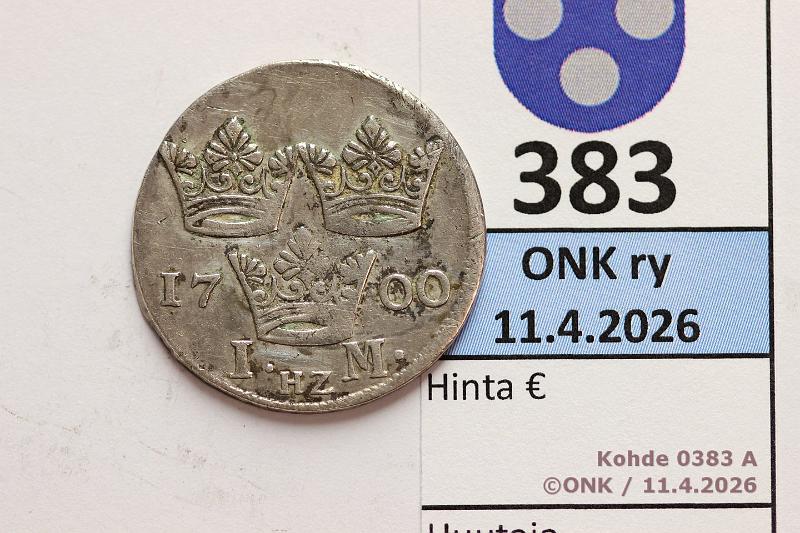 k-0383-a.jpg - Kohde 383 (kuva 1/2), l�ht�hinta: 100 &euro; / myyntihinta: 206 &euro; 1 mk 1700 SM#82/KM#313 Ag, Kaarle XII, HZ, nja, puhd, ly�ntim. 46 000, kunto: 4/5
