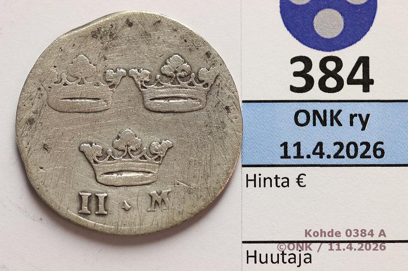 k-0384-a.jpg - Kohde 384 (kuva 1/2), l�ht�hinta: 100 &euro; / ei tarjouksia 2 mk ND (1651) SM#63/KM#210 Ag, Kristiina, II M, typ V, puhd, rv, nja, kunto: 2