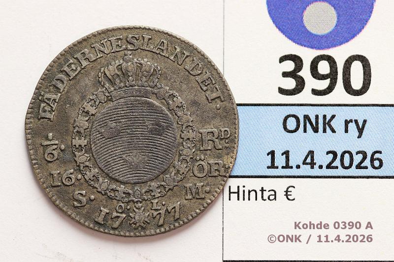 k-0390-a.jpg - Kohde 390 (kuva 1/2), l�ht�hinta: 30 &euro; / myyntihinta: 30 &euro; 1/6 RD 1777 SM#77/KM#515 Ag, Kustaa III, kunto: 4/5