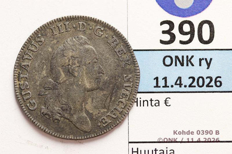 k-0390-b.jpg - Kohde 390 (kuva 2/2), l�ht�hinta: 30 &euro; / myyntihinta: 30 &euro; 1/6 RD 1777 SM#77/KM#515 Ag, Kustaa III, kunto: 4/5