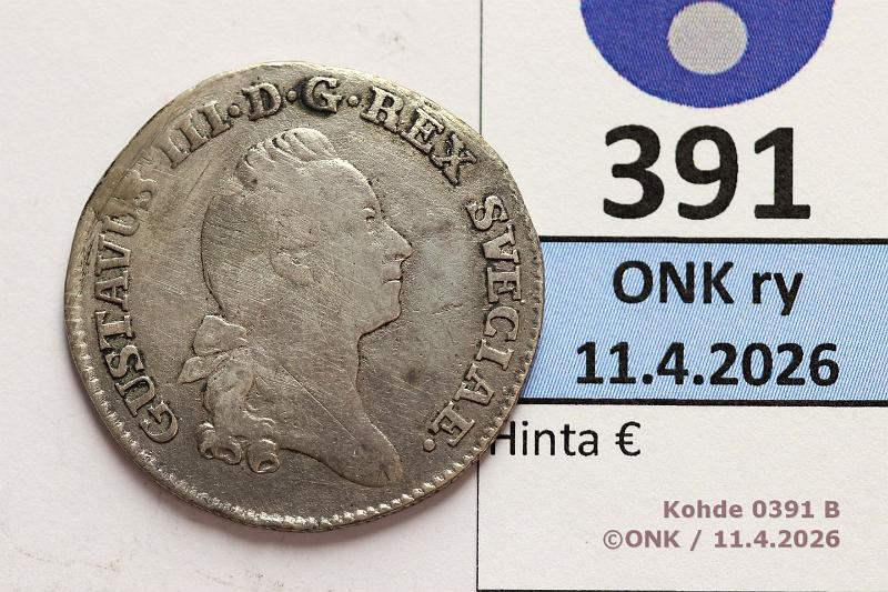 k-0391-b.jpg - Kohde 391 (kuva 2/2), l�ht�hinta: 15 &euro; / myyntihinta: 15 &euro; 1/6 RD 1778 SM#78/KM#524 Ag, Kustaa III, puhd, kunto: 3