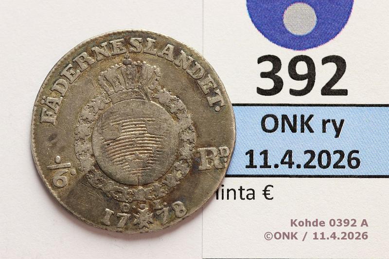 k-0392-a.jpg - Kohde 392 (kuva 1/2), l�ht�hinta: 20 &euro; / myyntihinta: 23 &euro; 1/6 RD 1778 SM#78/KM#524 Ag, Kustaa III, kunto: 3