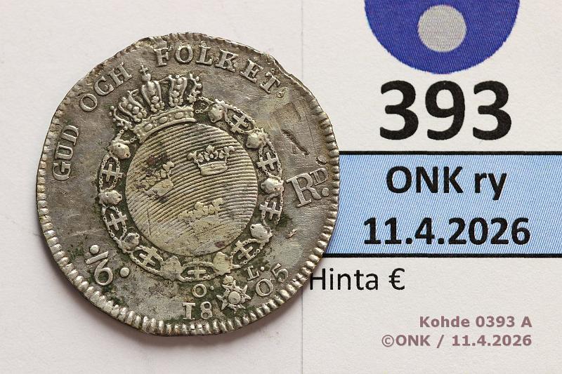 k-0393-a.jpg - Kohde 393 (kuva 1/2), l�ht�hinta: 20 &euro; / myyntihinta: 27 &euro; 1/6 RD 1805 SM#40/KM#560 Ag, Kustaa IV, kunto: 4