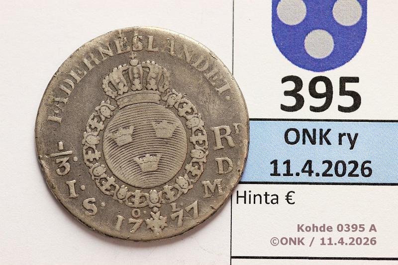 k-0395-a.jpg - Kohde 395 (kuva 1/2), l�ht�hinta: 50 &euro; / ei tarjouksia 1/3 RD 1777 SM#61/KM#516 Ag, Kustaa III, kunto: 3