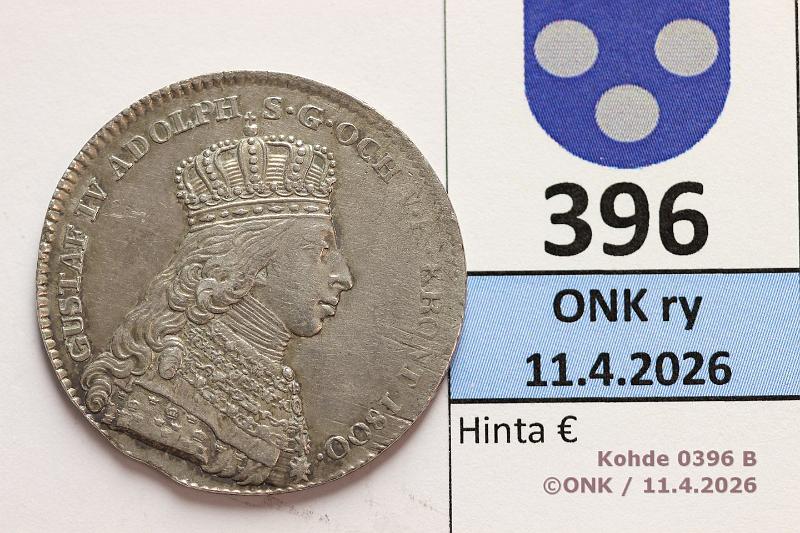 k-0396-b.jpg - Kohde 396 (kuva 2/2), l�ht�hinta: 100 &euro; / myyntihinta: 202 &euro; 1/3 RD 1800 SM#45 Ag, Kustaa IV, coronation. Lpuhd, hieman vajaa aihio, nja, kunto: 6