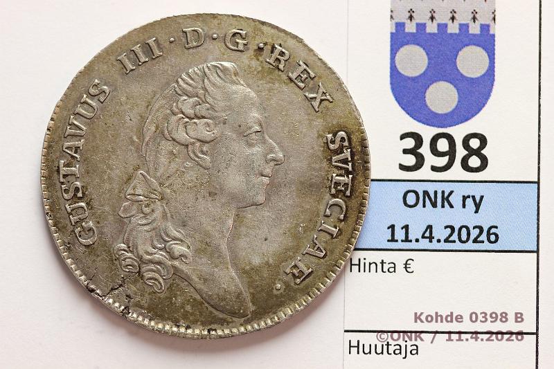 k-0398-b.jpg - Kohde 398 (kuva 2/2), l�ht�hinta: 125 &euro; / ei tarjouksia 1 RD 1782 SM#48/KM#527 Ag, Kustaa III, kiinnitysj�ljet, patinaa, kunto: 6