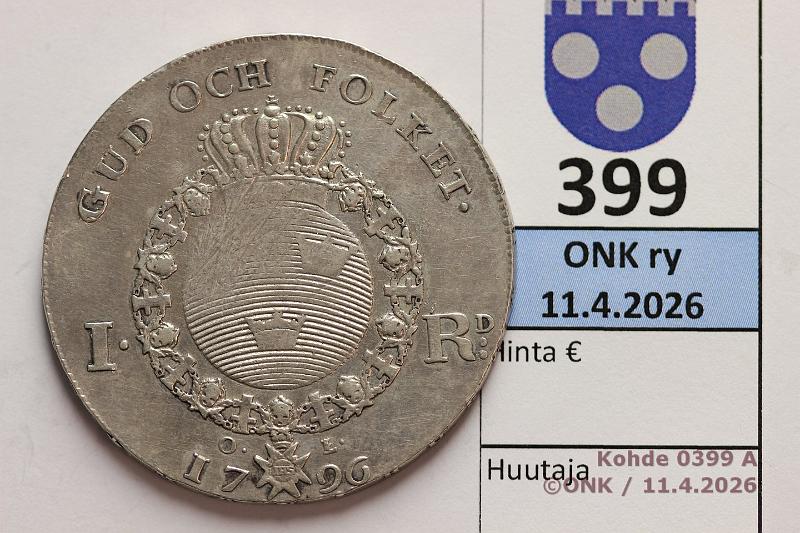 k-0399-a.jpg - Kohde 399 (kuva 1/2), l�ht�hinta: 125 &euro; / myyntihinta: 155 &euro; 1 RD 1796 SM#25/KM#544 Ag, Kustaa IV, nja, kunto: 5