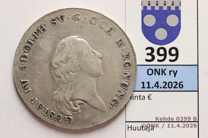 k-0399-b.jpg - Kohde 399 (kuva 2/2), l�ht�hinta: 125 &euro; / myyntihinta: 155 &euro; 1 RD 1796 SM#25/KM#544 Ag, Kustaa IV, nja, kunto: 5
