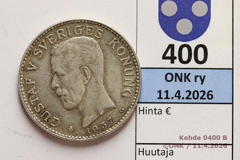 k-0400-b.jpg - Kohde 400 (kuva 2/2), l�ht�hinta: 5 &euro; / myyntihinta: 8 &euro; 2 kr 1937 KM#787 Ag, 15g/800, Kustaa V, kunto: 7/6