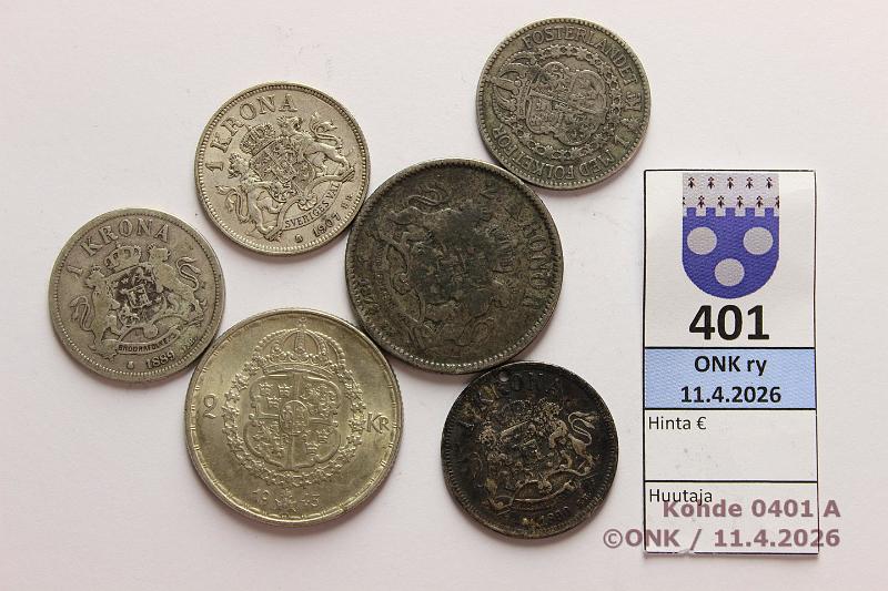 k-0401-a.jpg - Kohde 401 (kuva 1/2), l�ht�hinta: 30 &euro; / ei tarjouksia 1 + 2 kr 1878-1943 (4+2) Ag,  1k  1889, -90(reik�), 1907, -12 (4x7,5g/800);  2k  1878("O.") (15g/800), 1943 (14g/400), kunto: 3-8