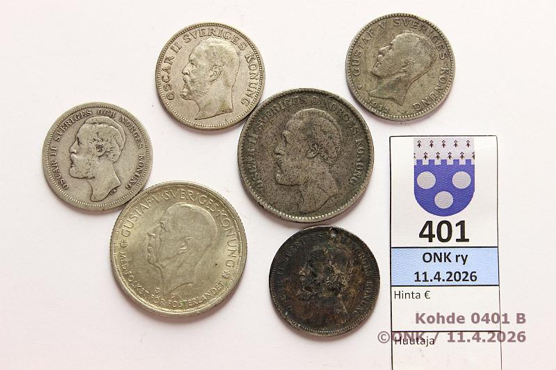 k-0401-b.jpg - Kohde 401 (kuva 2/2), l�ht�hinta: 30 &euro; / ei tarjouksia 1 + 2 kr 1878-1943 (4+2) Ag,  1k  1889, -90(reik�), 1907, -12 (4x7,5g/800);  2k  1878("O.") (15g/800), 1943 (14g/400), kunto: 3-8