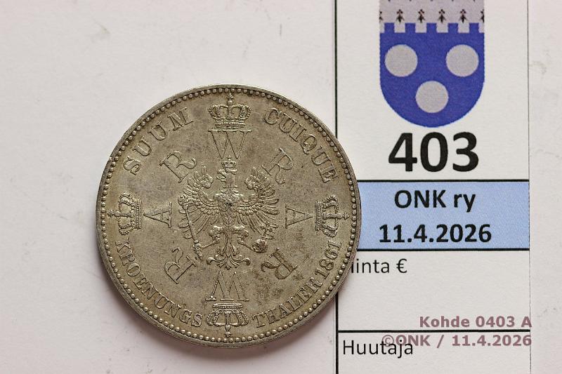 k-0403-a.jpg - Kohde 403 (kuva 1/2), l�ht�hinta: 40 &euro; / myyntihinta: 40 &euro; 1 thaler 1861 A KM#488 Ag, 18,34g/900, Willem I coronation, kunto: 8/7