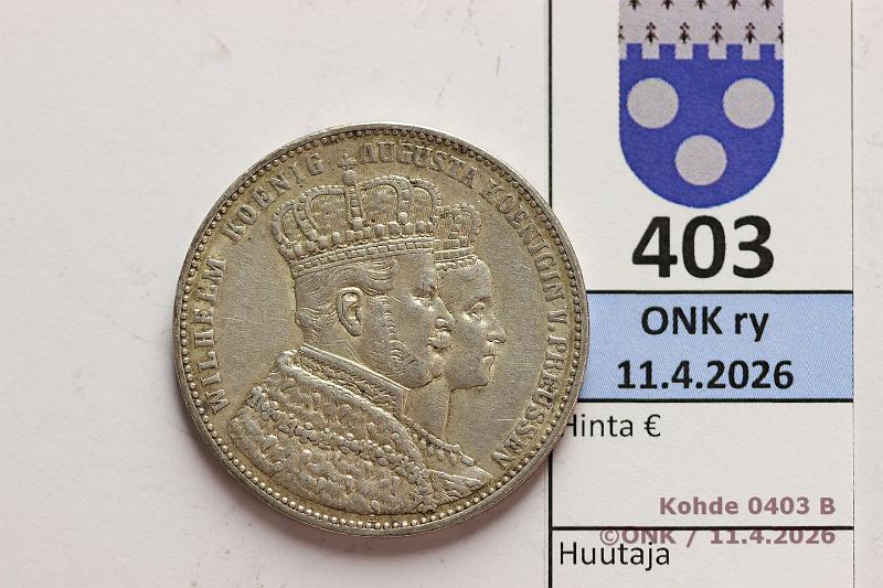 k-0403-b.jpg - Kohde 403 (kuva 2/2), l�ht�hinta: 40 &euro; / myyntihinta: 40 &euro; 1 thaler 1861 A KM#488 Ag, 18,34g/900, Willem I coronation, kunto: 8/7