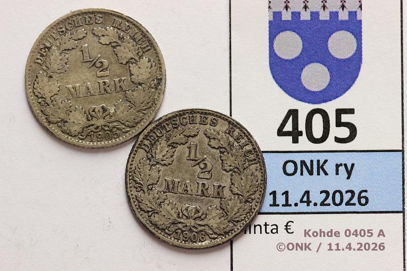k-0405-a.jpg - Kohde 405 (kuva 1/2), l�ht�hinta: 6 &euro; / myyntihinta: 6 &euro; � mk 1905E, -06G KM#17 Ag, 2x2,777g/900, kunto: 4, 5