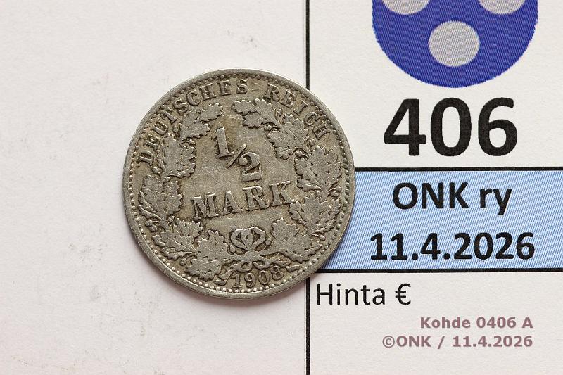k-0406-a.jpg - Kohde 406 (kuva 1/2), l�ht�hinta: 4 &euro; / myyntihinta: 8 &euro; � mk 1908A KM#17 Ag, 2,777g/900, kunto: 3