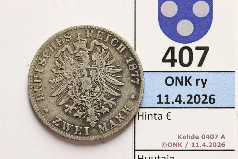 k-0407-a.jpg - Kohde 407 (kuva 1/2), l�ht�hinta: 10 &euro; / myyntihinta: 22 &euro; 2 mk 1877F KM#626 Ag, 11,11g/900, Wuerttemberg, kunto: 4/3