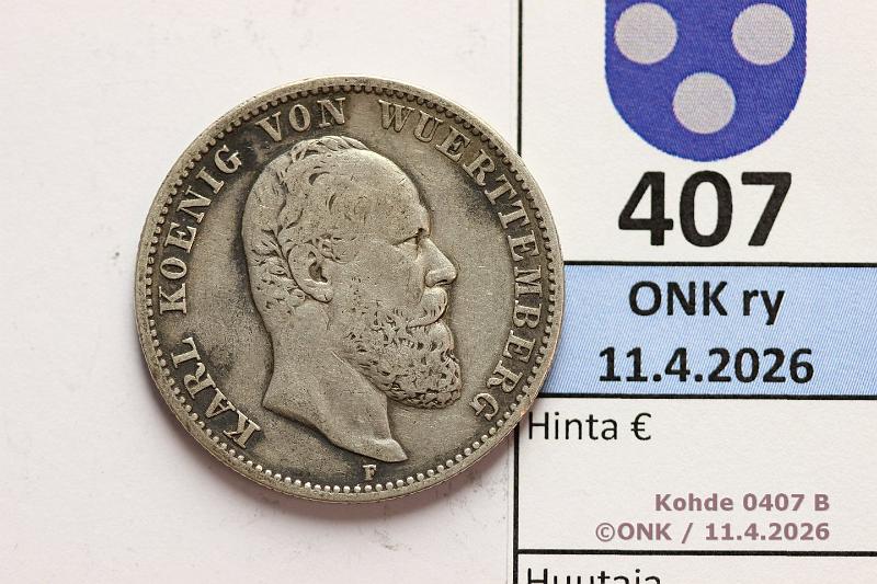 k-0407-b.jpg - Kohde 407 (kuva 2/2), l�ht�hinta: 10 &euro; / myyntihinta: 22 &euro; 2 mk 1877F KM#626 Ag, 11,11g/900, Wuerttemberg, kunto: 4/3