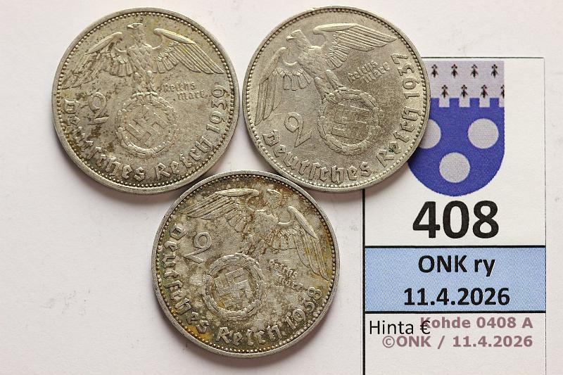 k-0408-a.jpg - Kohde 408 (kuva 1/2), l�ht�hinta: 10 &euro; / myyntihinta: 40 &euro; 2 mk 1937D, -38F, -39A KM#93 Ag, 3x8g/625, Hindenburg, kunto: 5-6