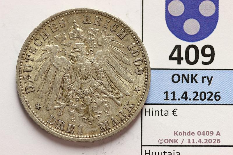k-0409-a.jpg - Kohde 409 (kuva 1/2), l�ht�hinta: 10 &euro; / myyntihinta: 31 &euro; 3 mk Preussi 1909A KM#527 Ag, 16,667g/900, kunto: 6