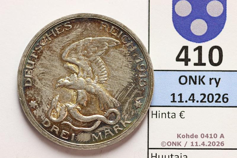 k-0410-a.jpg - Kohde 410 (kuva 1/2), l�ht�hinta: 10 &euro; / myyntihinta: 32 &euro; 3 mk Preussi 1913 KM#534 Ag, 16,667g/900, Declaration of war against Napoleon, prv, patinaa, kunto: 7