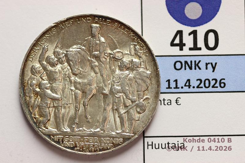 k-0410-b.jpg - Kohde 410 (kuva 2/2), l�ht�hinta: 10 &euro; / myyntihinta: 32 &euro; 3 mk Preussi 1913 KM#534 Ag, 16,667g/900, Declaration of war against Napoleon, prv, patinaa, kunto: 7