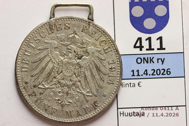 k-0411-a.jpg - Kohde 411 (kuva 1/2), l�ht�hinta: 15 &euro; / myyntihinta: 15 &euro; 5 mk Preussi 1914A KM#536 Ag, 27,77g/900, juotettu kiinnityslenkki, kunto: 5
