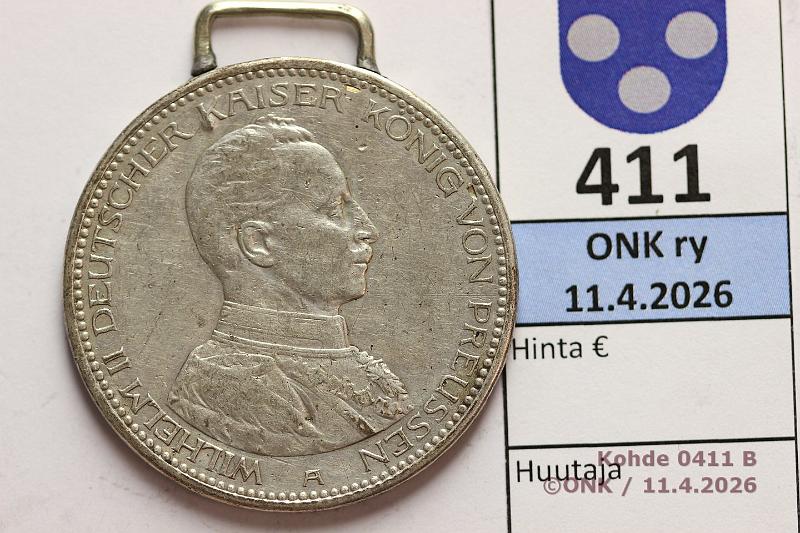 k-0411-b.jpg - Kohde 411 (kuva 2/2), l�ht�hinta: 15 &euro; / myyntihinta: 15 &euro; 5 mk Preussi 1914A KM#536 Ag, 27,77g/900, juotettu kiinnityslenkki, kunto: 5