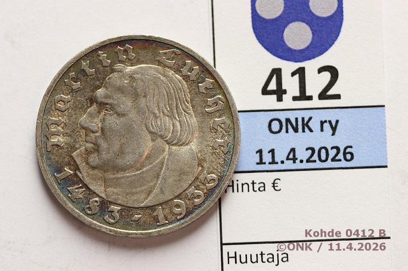 k-0412-b.jpg - Kohde 412 (kuva 2/2), l�ht�hinta: 80 &euro; / myyntihinta: 130 &euro;  5 mk   1933A KM#80   Ag, 13,889g/900, Martin Luther, patinaa , kunto:  8 