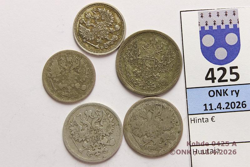 k-0425-a.jpg - Kohde 425, l�ht�hinta: 10 &euro; / myyntihinta: 10 &euro; 10 - 20 kop 1861-1916 (5) Ag,  10k  1901, -16;  15k  1861, -69;  20k  1881, kunto: 3-4