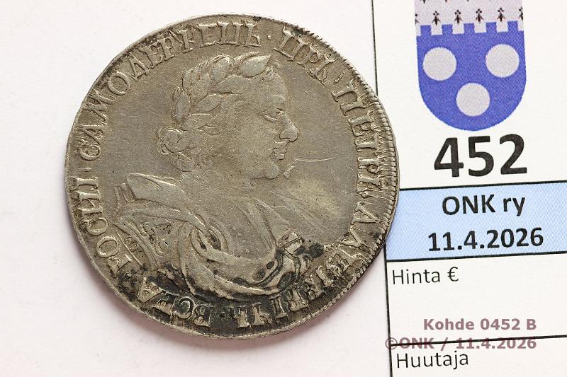 k-0452-b.jpg - Kohde 452 (kuva 2/2), l�ht�hinta: 500 &euro; / myyntihinta: 740 &euro;  1 rpl   1718 KM#157.1   Ag, ?? L, ??????, Peter I , kunto:  4 