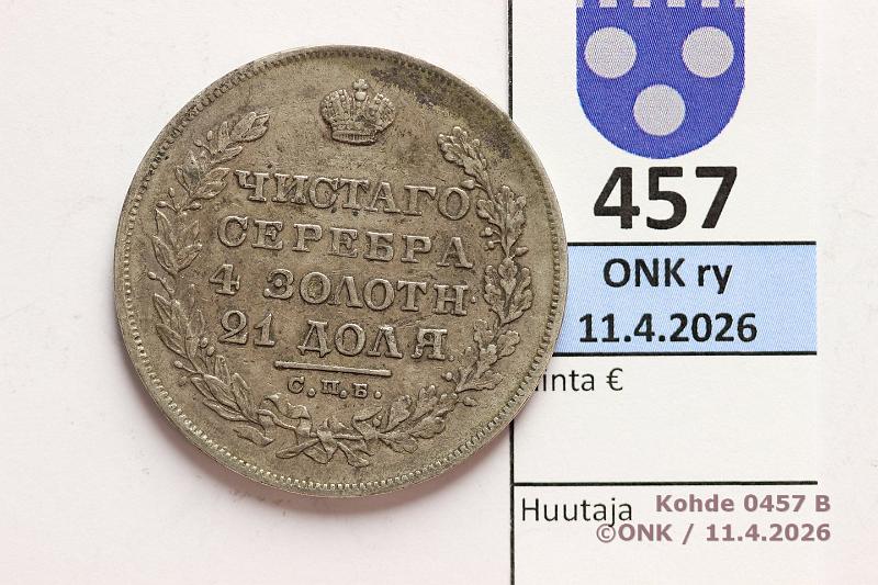 k-0457-b.jpg - Kohde 457 (kuva 2/2), l�ht�hinta: 100 &euro; / myyntihinta: 125 &euro; 1 rpl 1829 C#161 Ag, ??? ??, Nicholas I, kunto: 4/5