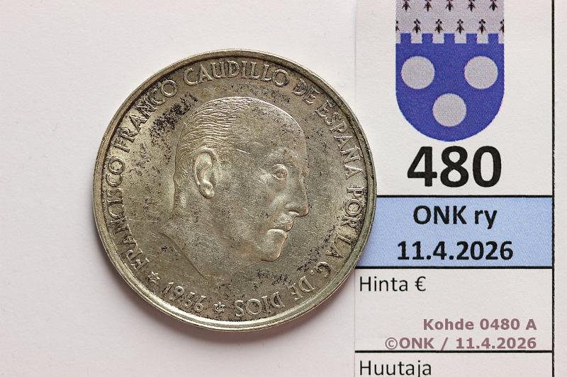k-0480-a.jpg - Kohde 480 (kuva 1/2), l�ht�hinta: 10 &euro; / myyntihinta: 19 &euro; Espanja 100 ptas 1966 KM#797 Ag, 19g/800, kunto: 8