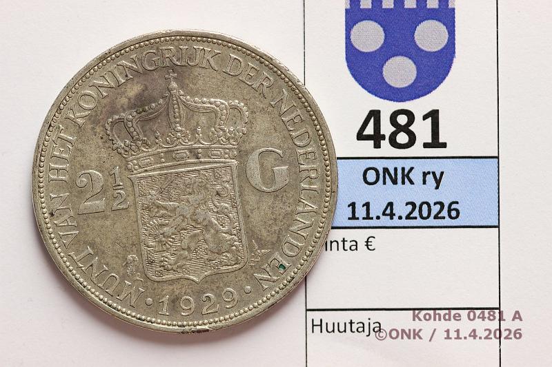 k-0481-a.jpg - Kohde 481 (kuva 1/2), l�ht�hinta: 15 &euro; / myyntihinta: 38 &euro; Hollanti 2� gul 1929 KM#165 Ag, 25g/720 Wilhelmina, prv, kunto: 6