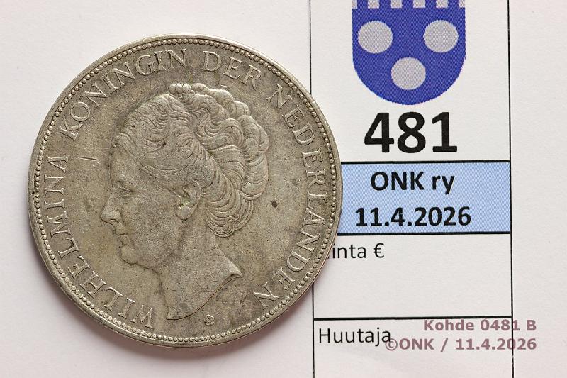 k-0481-b.jpg - Kohde 481 (kuva 2/2), l�ht�hinta: 15 &euro; / myyntihinta: 38 &euro; Hollanti 2� gul 1929 KM#165 Ag, 25g/720 Wilhelmina, prv, kunto: 6