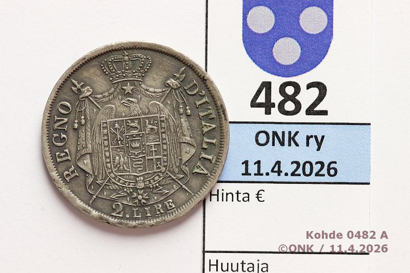 k-0482-a.jpg - Kohde 482 (kuva 1/2), l�ht�hinta: 5 &euro; / myyntihinta: 36 &euro; Italia 2 lira 1810M C#9.1 Ag, 10g/900, Napoleonic Kingdom of Italy, kunto: 5