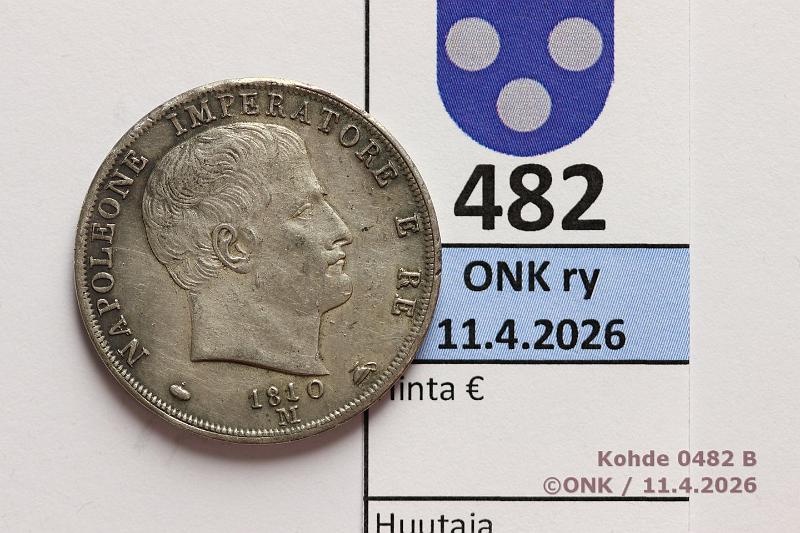 k-0482-b.jpg - Kohde 482 (kuva 2/2), l�ht�hinta: 5 &euro; / myyntihinta: 36 &euro; Italia 2 lira 1810M C#9.1 Ag, 10g/900, Napoleonic Kingdom of Italy, kunto: 5