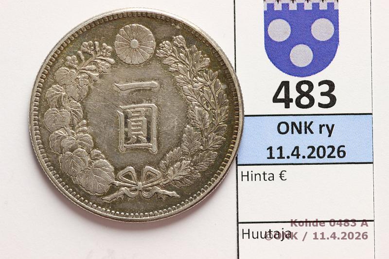 k-0483-a.jpg - Kohde 483 (kuva 1/2), l�ht�hinta: 50 &euro; / myyntihinta: 67 &euro; Japani 1 � 1904 Y#A25.3 Ag, 26,9g/900, kunto: 6