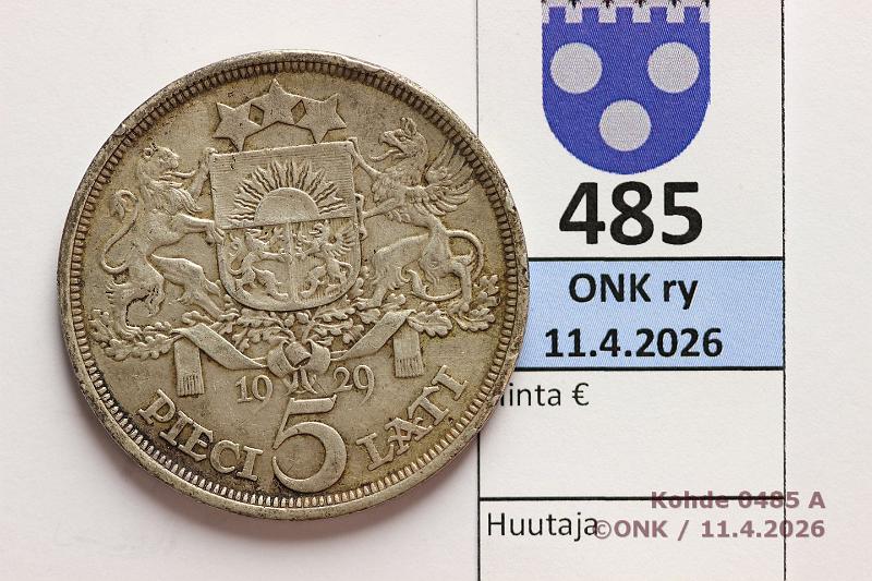 k-0485-a.jpg - Kohde 485 (kuva 1/2), l�ht�hinta: 10 &euro; / myyntihinta: 48 &euro; Latvia 5 lati 1929 KM#9 Ag, 25g/835, eprvja, kunto: 5