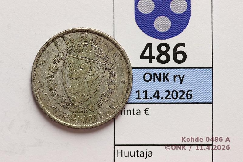 k-0486-a.jpg - Kohde 486 (kuva 1/2), l�ht�hinta: 10 &euro; / myyntihinta: 17 &euro; Norja 1 kr 1914 KM#369 Ag, 7,5g/800, kunto: 5