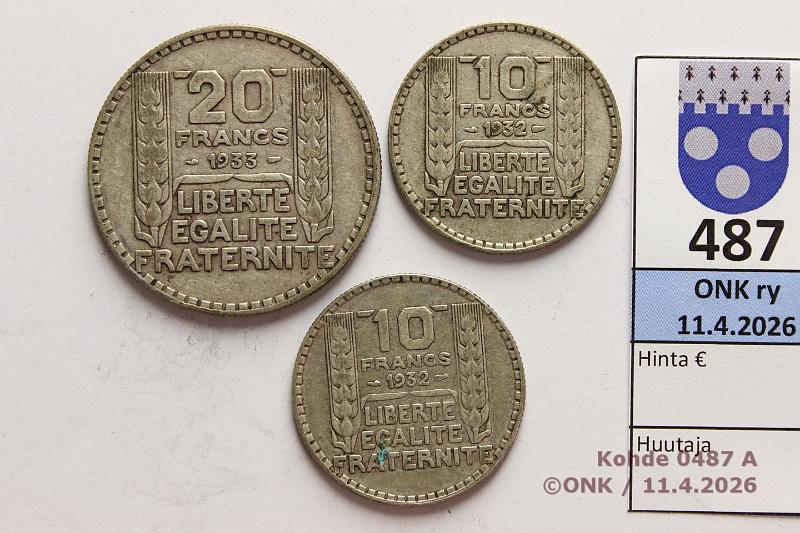 k-0487-a.jpg - Kohde 487 (kuva 1/2), l�ht�hinta: 15 &euro; / myyntihinta: 27 &euro; Ranska 10 + 20 fr 1932, -33 KM#878, 879 (2+1) Ag, 10+10+20g/680,  10f  -32(2);  20f  -33, kunto: 5-6